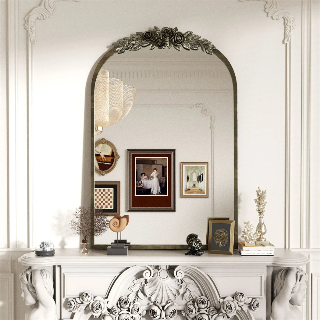 LUVODI Arched Wall Mirror With Resin Rose Pattern Accent