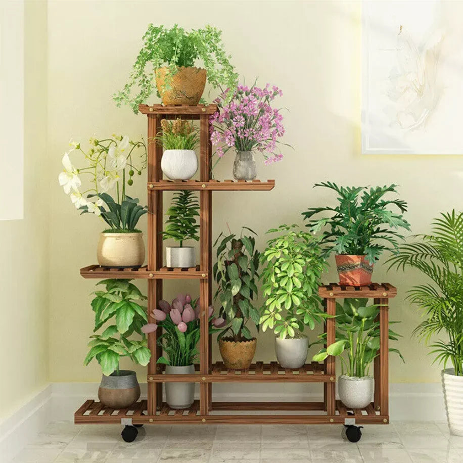 Wisfor Multi-Layer Wood Plant Stand Rack With Rolling Wheels