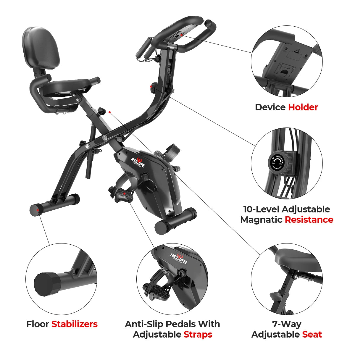 Relife 3 in 1 Folding Exercise Bike Foldable Stationary Bike Upright & Recumbent Cycling Trainer with Arm Resistance Bands LCD Monitor 10 Level Resistance Adjustable Seat Backrest Home Indoor Workout Fitness Machine for Adult