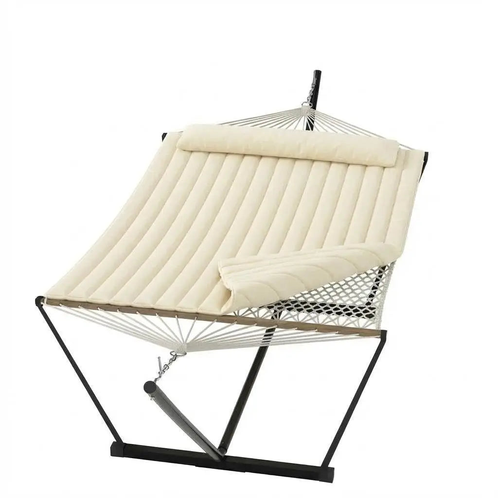 Double Outdoor Hammock For Two With Cushion And Foldable Steel Stand – Portable Heavy Duty For Garden, Patio, Beach, Backyard