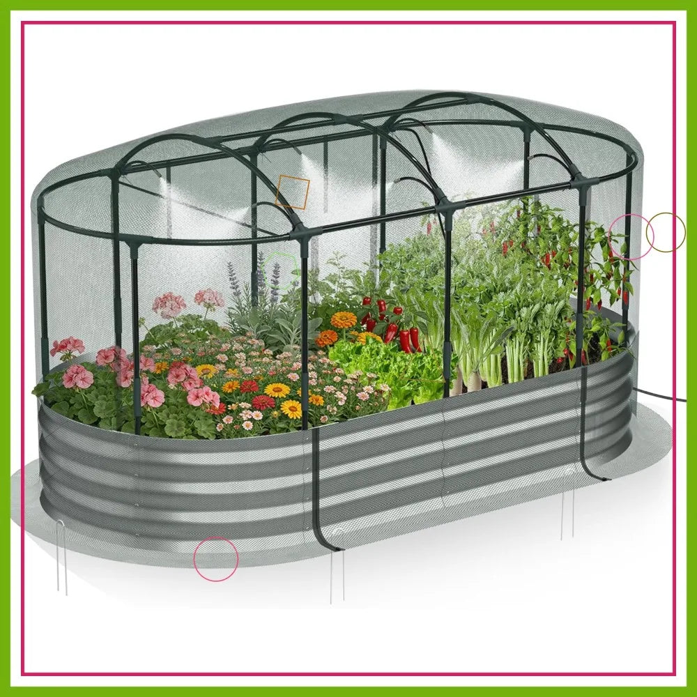 Self-Watering Galvanized Raised Garden Bed With Mesh Cover