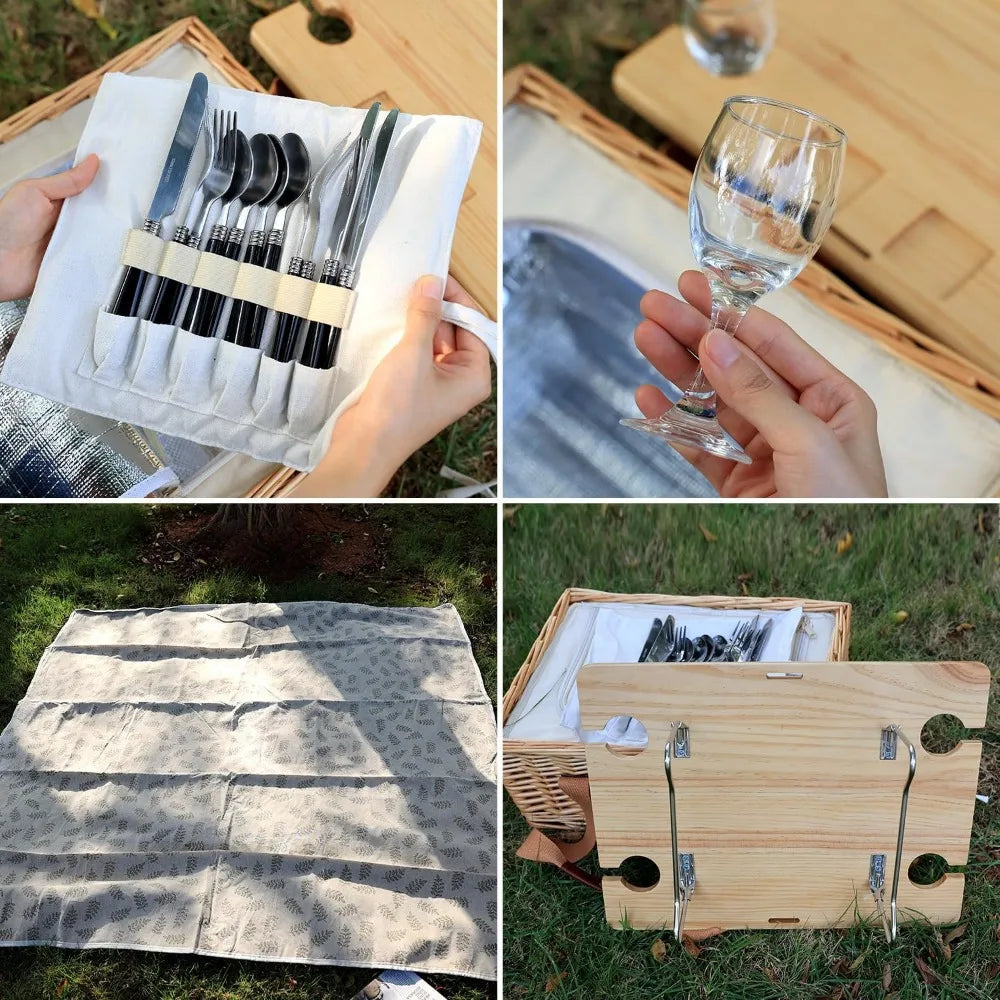 NBVCX Wicker Picnic Basket For Four With Insulated Cooler