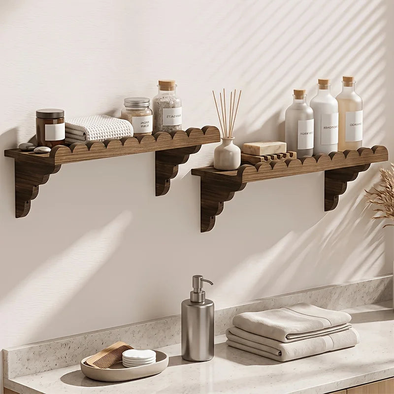 Rustic Scalloped Wooden Floating Wall Shelves Set of 2, Farmhouse Wave Edge Wall Mount Storage Shelf, Decorative Bathroom Organizer Rack for Bedroom, Kitchen, Entryway, Dark Burnt Wood Finish