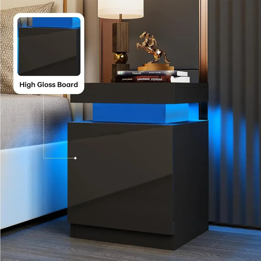 LED Nightstand Set of 2, 17 Inch Modern Bedside Table with Remote Control, High Gloss Storage Cabinet for Bedroom, Black