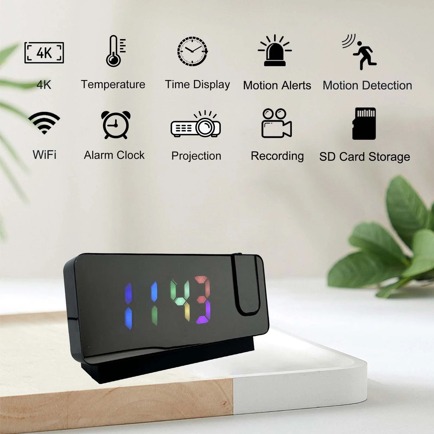 4K Ultra HD Projection Alarm Clock Camera with Wi-Fi, Motion Detection, Remote Viewing, Recording, Nanny Cam for Indoor Security