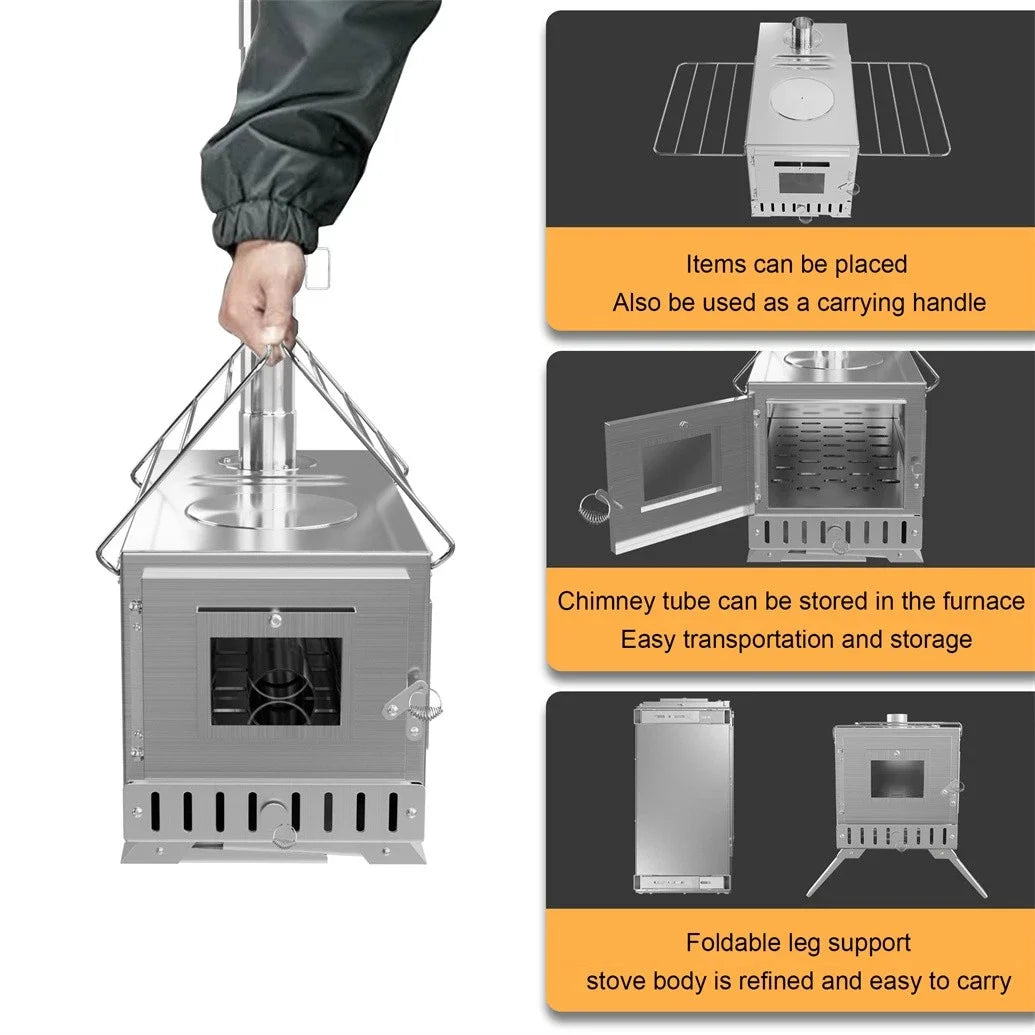 Unho Wood Burning Portable Tent Stove With Stainless Chimney Pipes