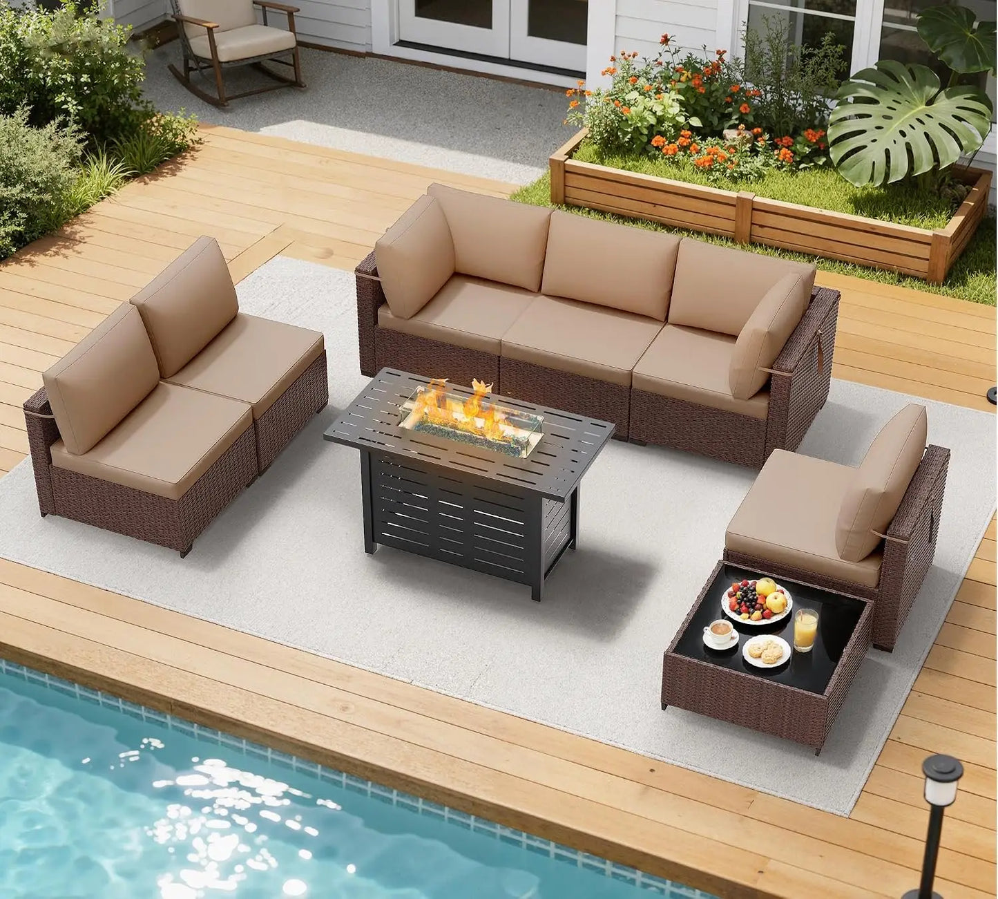 8 Piece Outdoor Patio Furniture Set, Outdoor Sectional Sofa with Firepit Table, Wicker Rattan Patio Furniture,, Customized