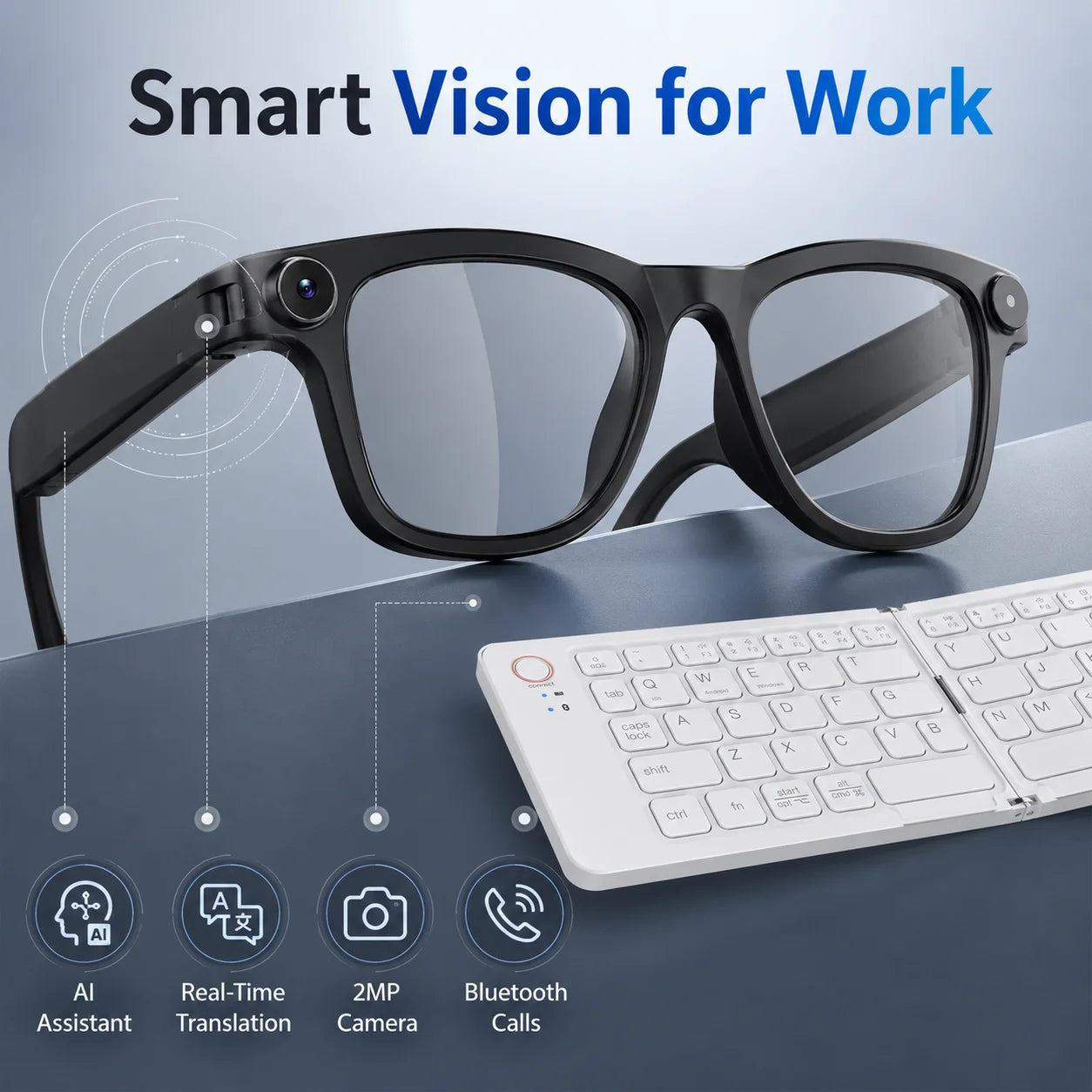 Smart Glasses with Foldable Keyboard 200W Pixel Colorful Double Fold Keyboard Photography Translation Lightweight Glasses Sold as a Set