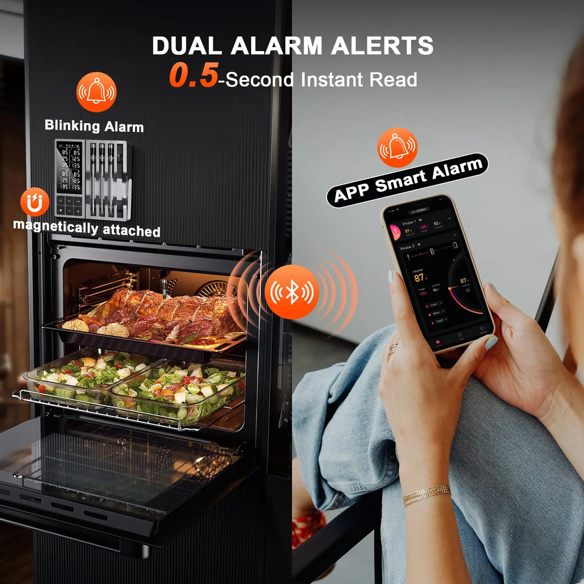 Wireless Bluetooth Meat Thermometer 4 Probe Support Smart Timer & APP Alerts, Big Digital Backlit Screen, for BBQ, Oven, Smoker