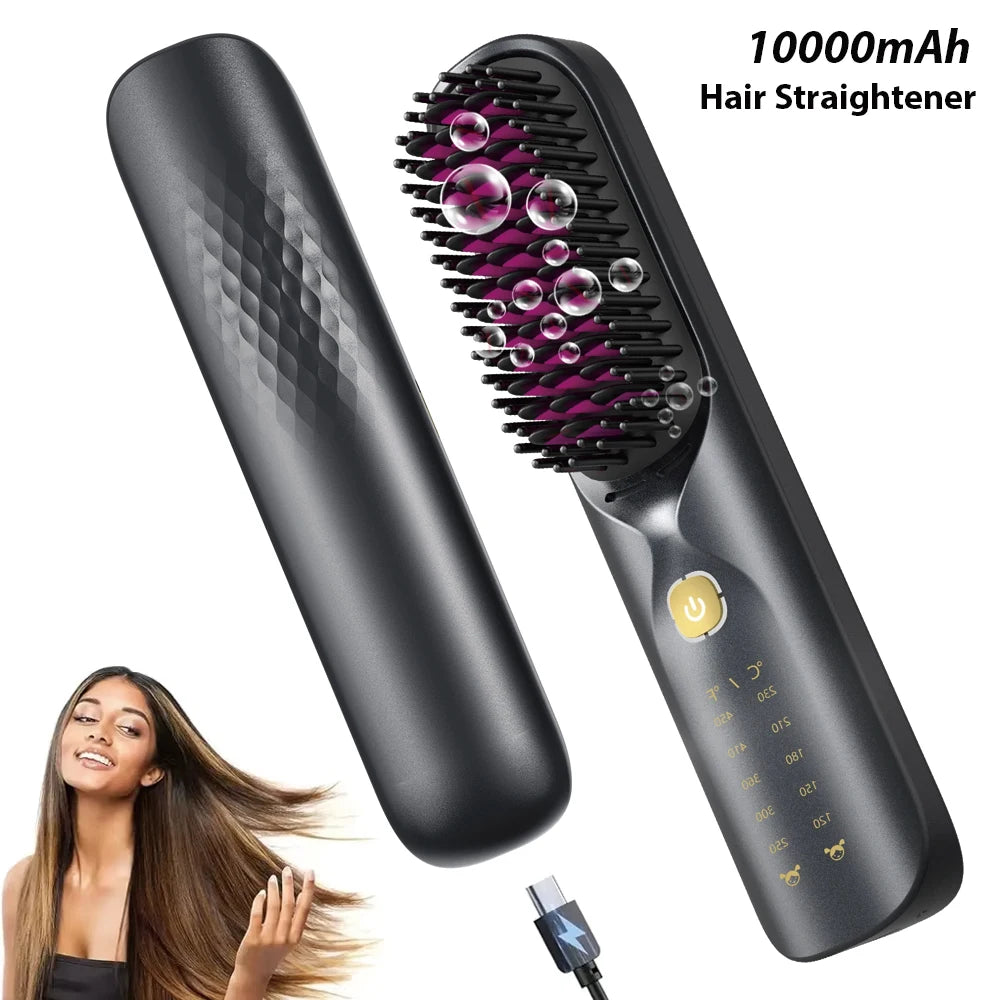 10000mAh Cordless Hair Straightener Comb Brush 5S Fast Heating for Travel - 300M Negative Ions for Frizz-Free Shine for Women