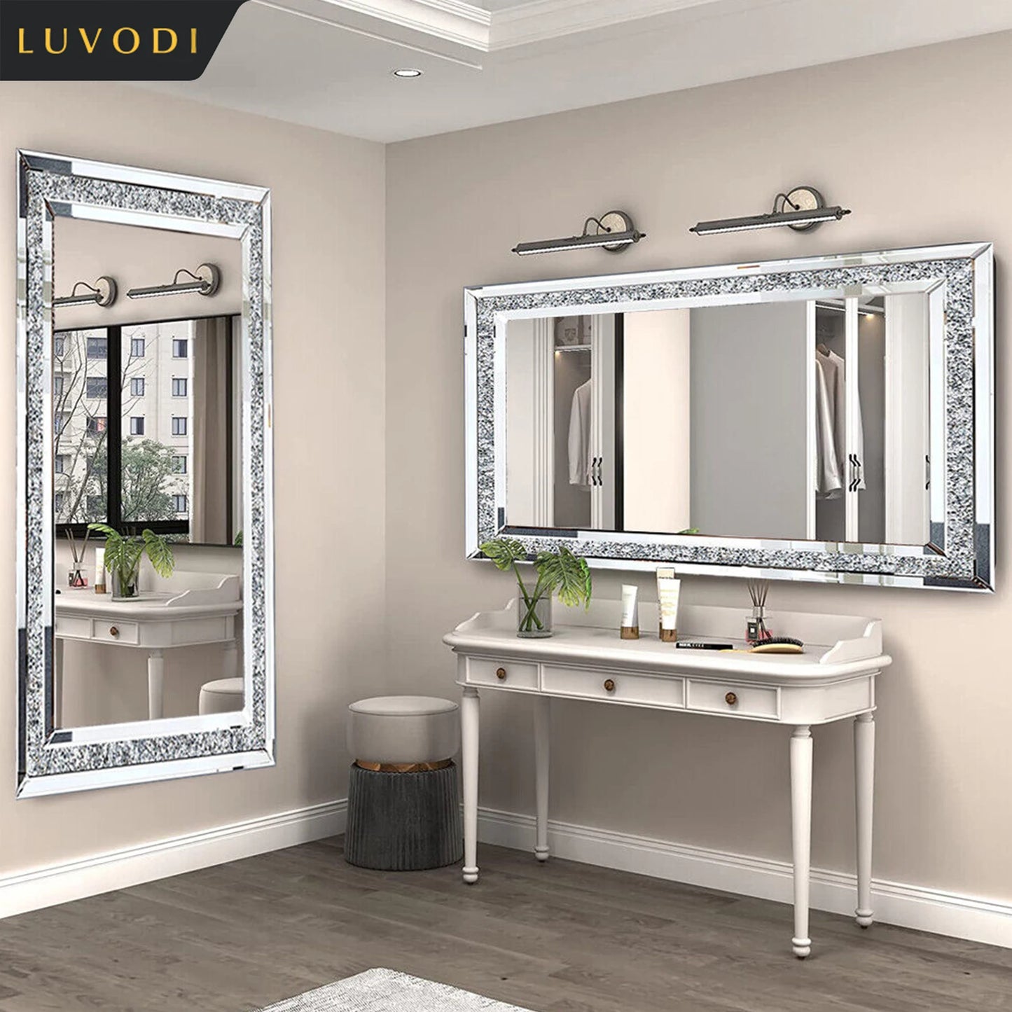 LUVODI Frameless Crystal Rhinestone Vanity Mirror Wall Mounted