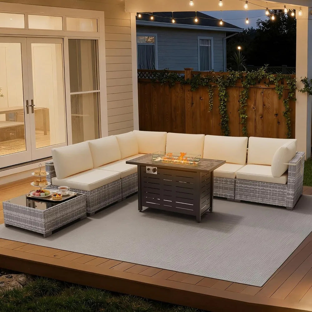 8 Piece Outdoor Patio Furniture Set, Outdoor Sectional Sofa with Firepit Table, Wicker Rattan Patio Furniture,, Customized