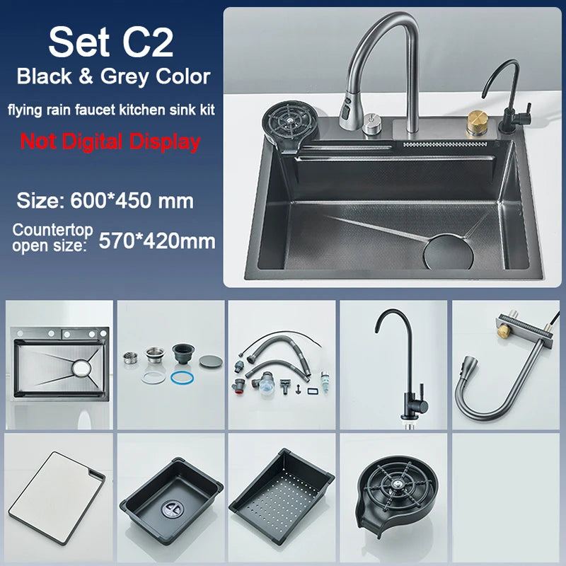 Stainless Steel Kitchen Sink with Faucet 75*45cm Large Single Bowl Digital Display Dish Basin Sink Waterfall Hot Cold Faucets