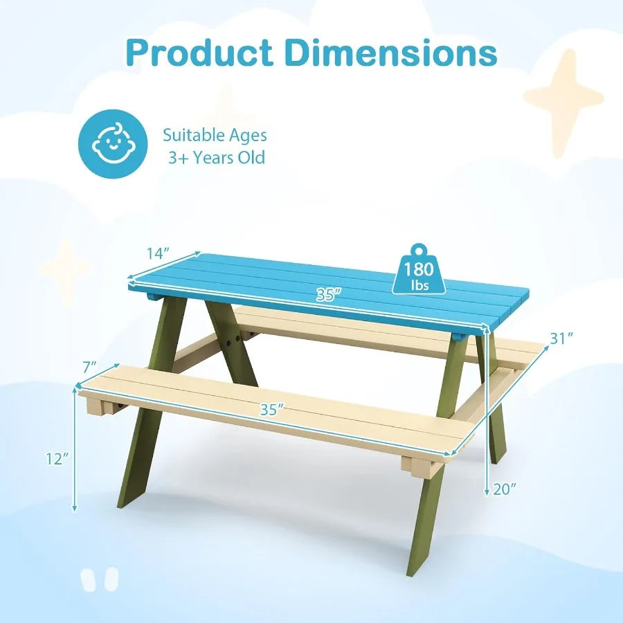 XIUWO Kids Picnic Table With Benches Outdoor Toddler Set