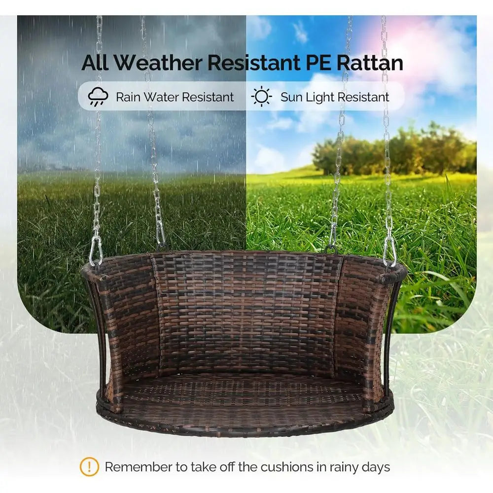 2.4 T 1-Person Use Round Rattan Porch Swing Outdoor Support 440 LBS with Cushions & Adjustable Chains, Patio Wicker Swing Bench