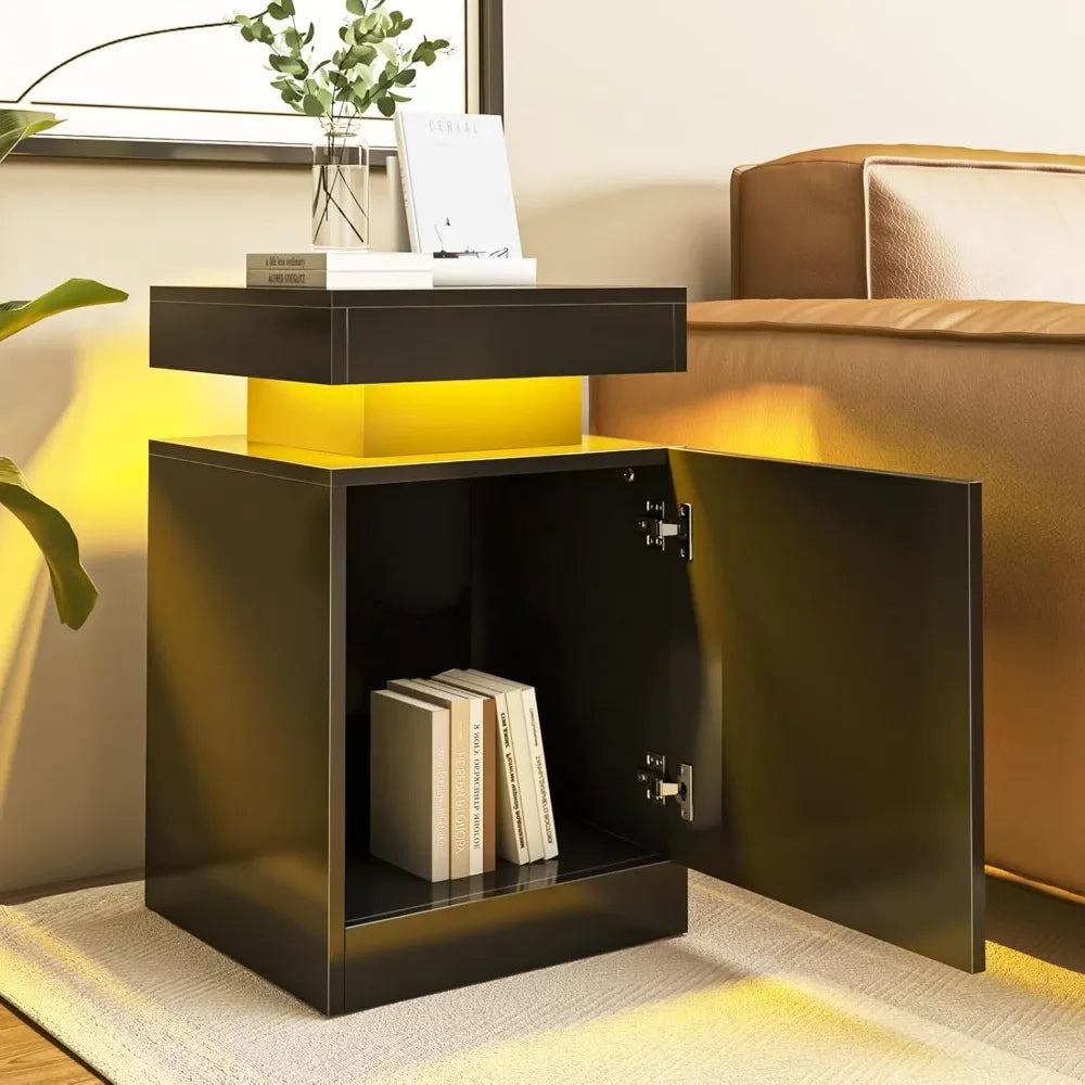 LED Nightstand Set of 2, 17 Inch Modern Bedside Table with Remote Control, High Gloss Storage Cabinet for Bedroom, Black