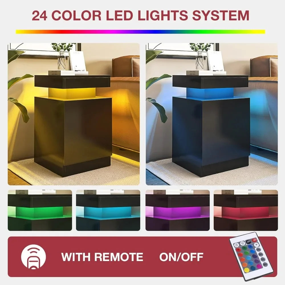 LED Nightstand Set of 2, 17 Inch Modern Bedside Table with Remote Control, High Gloss Storage Cabinet for Bedroom, Black
