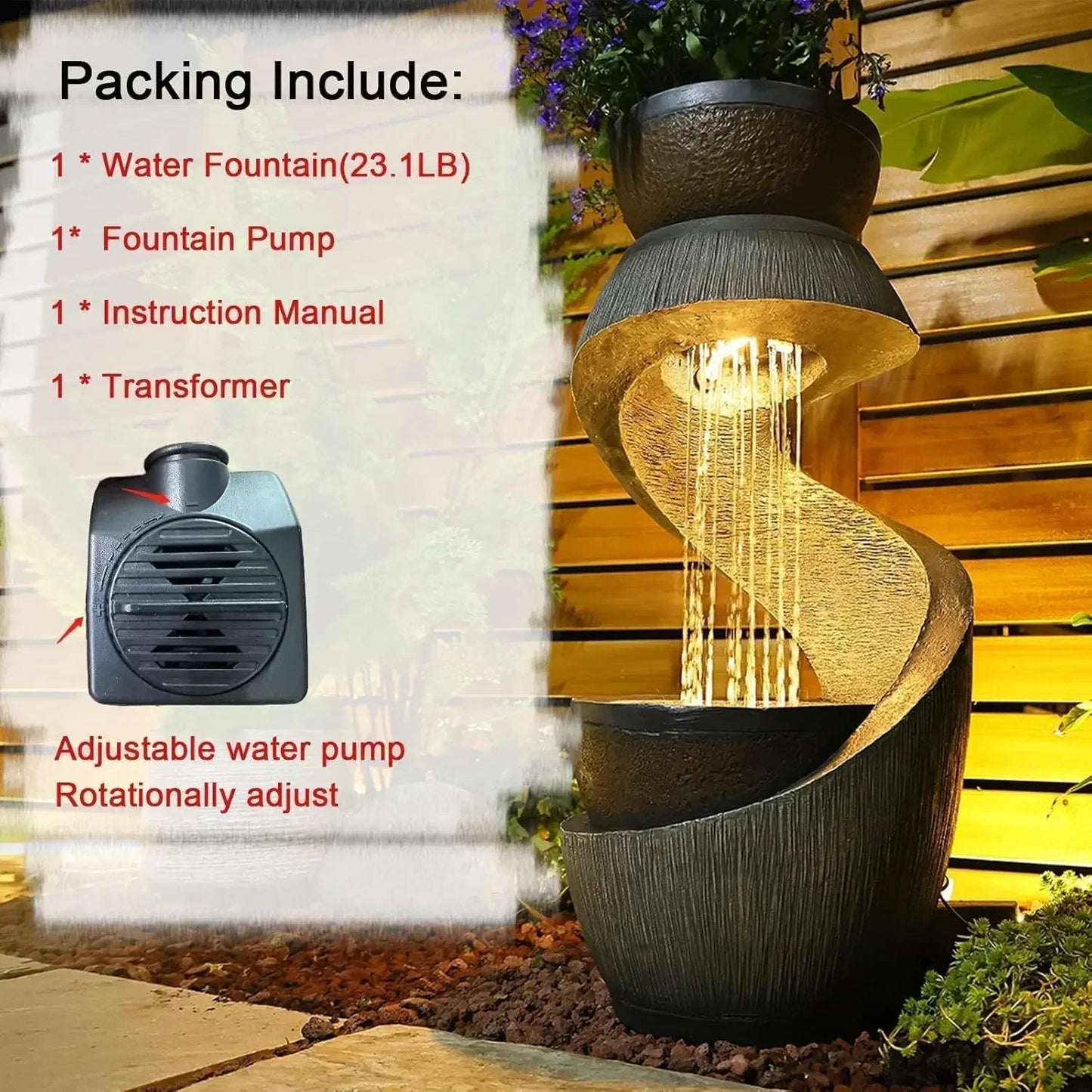 S Shaped Outdoor Water Fountain With Led Lights Planter