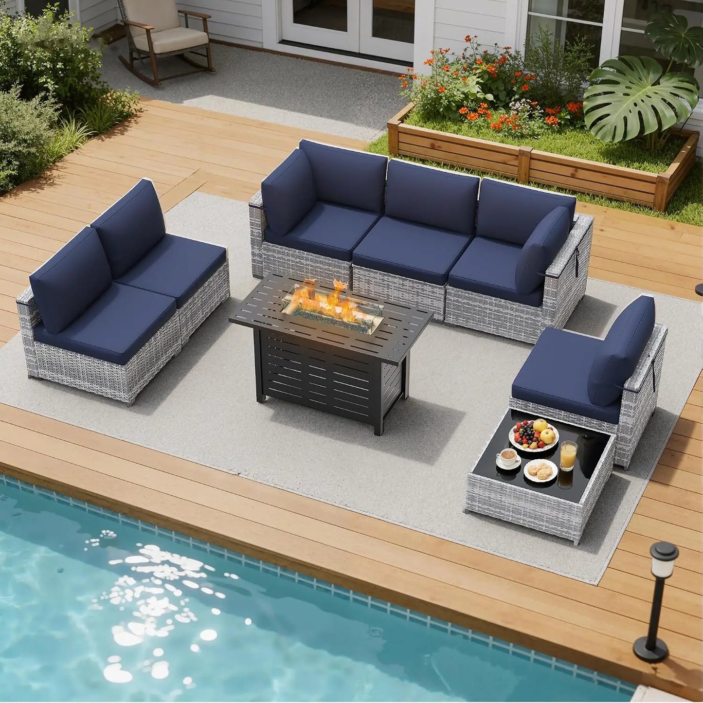 8 Piece Outdoor Patio Furniture Set, Outdoor Sectional Sofa with Firepit Table, Wicker Rattan Patio Furniture,, Customized