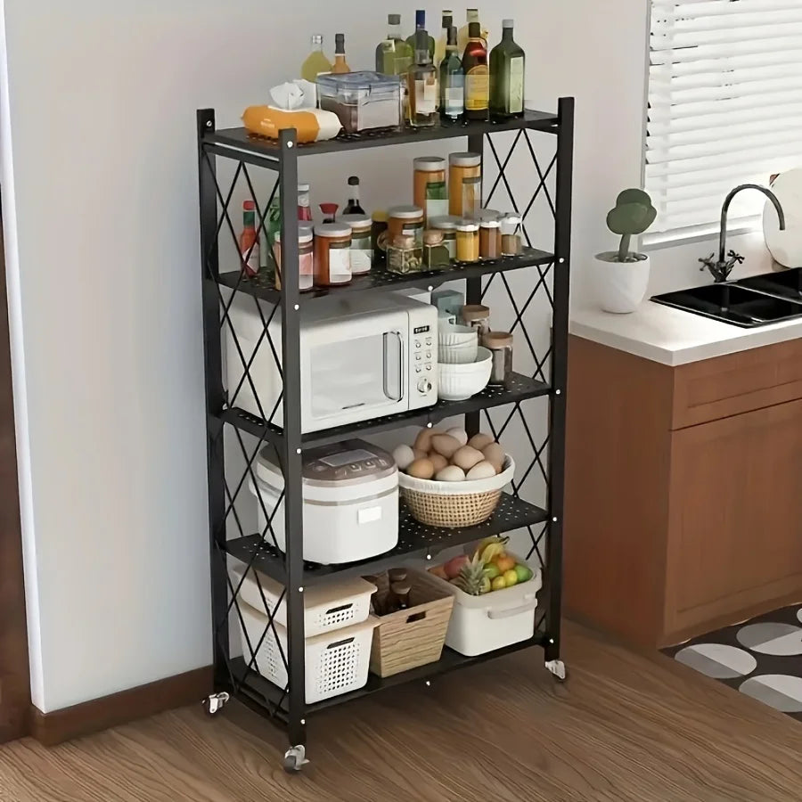 Heavy-Duty Foldable Metal Storage Rack With Wheels For Garage Kitchen