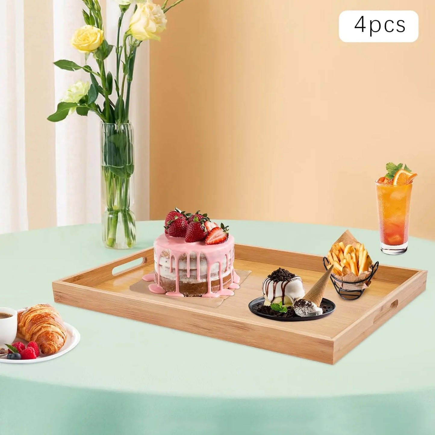 4 Pcs Large Bamboo Serving Tray Rectangular Wooden Breakfast Tray Dinner Tray Decorative for Lap & Couch 18 X 13 X 1.4in