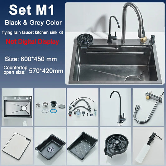 Stainless Steel Kitchen Sink with Faucet 75*45cm Large Single Bowl Digital Display Dish Basin Sink Waterfall Hot Cold Faucets