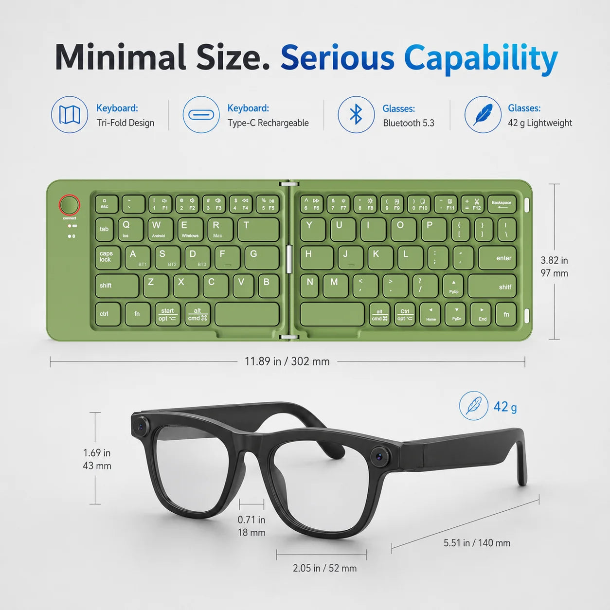 Smart Glasses with Foldable Keyboard 200W Pixel Colorful Double Fold Keyboard Photography Translation Lightweight Glasses Sold as a Set