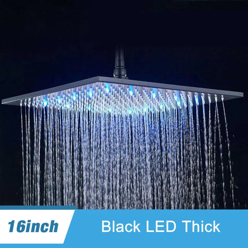 Luxury Brushed Nickel/Chrome/Black LED 16inch Rainfall Shower Head Stainless Steel Square Color Changing Lights Showerhead