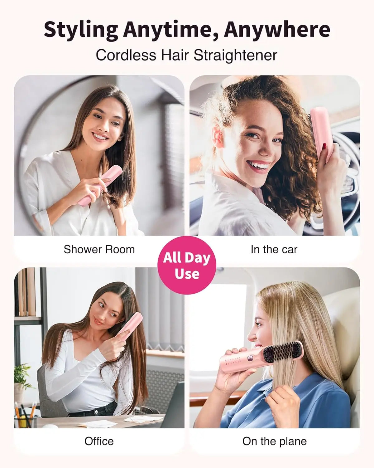 10000mAh Cordless Hair Straightener Comb Brush 5S Fast Heating for Travel - 300M Negative Ions for Frizz-Free Shine for Women