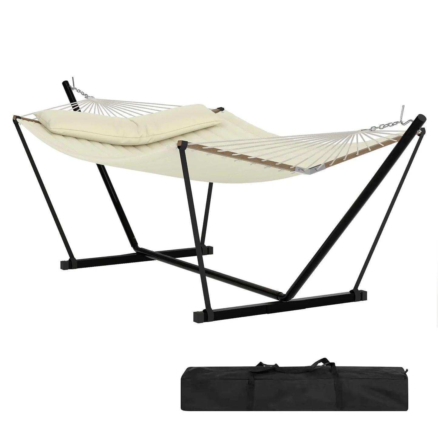 Double Outdoor Hammock For Two With Cushion And Foldable Steel Stand – Portable Heavy Duty For Garden, Patio, Beach, Backyard