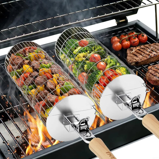XIUWO Stainless Steel Rolling Grill Basket With Removable Handle