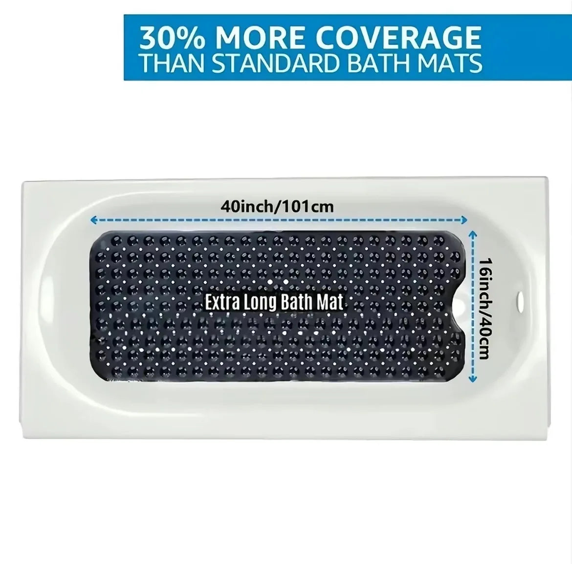 Extra Long Non Slip Bathtub Shower Mat 40 x 16 Inch with Powerful Suction Cups & Drain Holes, Machine Washable Quick Dry Anti-Slip Bath Tub Mat for Inside Shower, Household Bathroom Essential, Available in Gray & Black