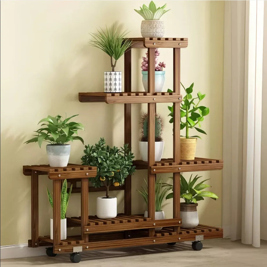 Wisfor Multi-Layer Wood Plant Stand Rack With Rolling Wheels