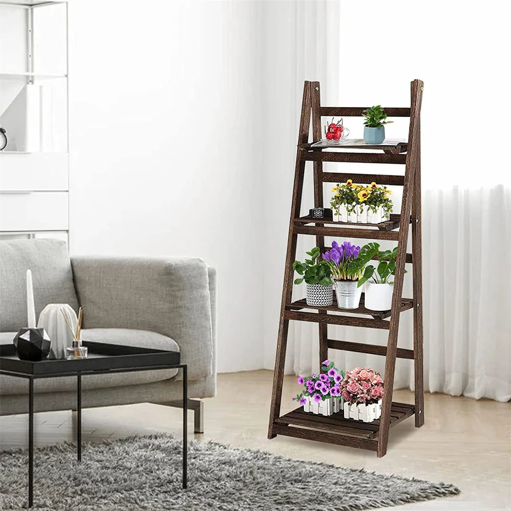 Folding Four Tier Ladder Shelf Wooden Indoor Display Rack