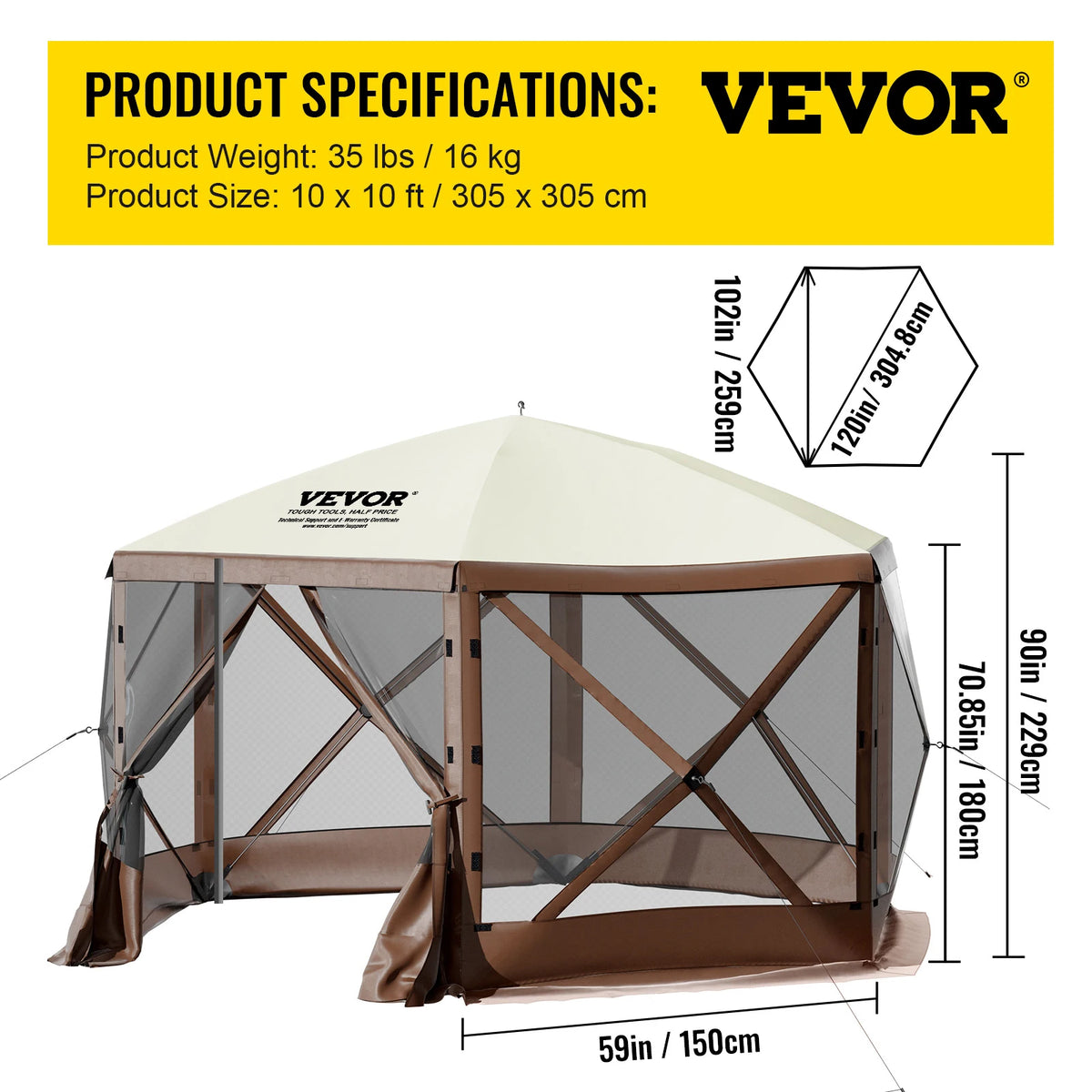 SucceBuy Pop-up Camping Gazebo Camping Canopy Shelter 6 Sided 12' x 12' / 10' x 10' Sun Shade Tents & Canopies Camping & Hiking