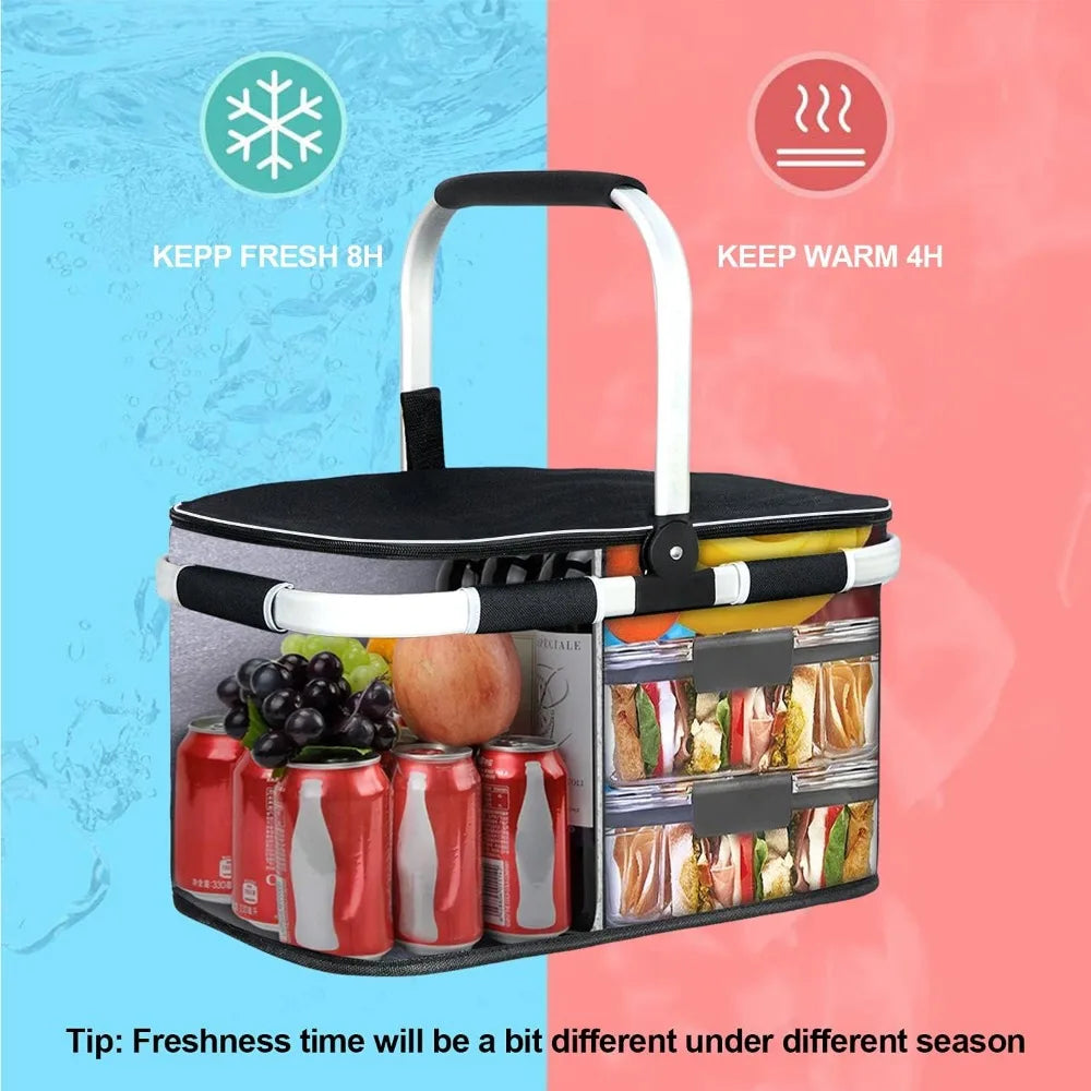 NBVCX Insulated Picnic Basket With Double Layer Pockets And Leakproof