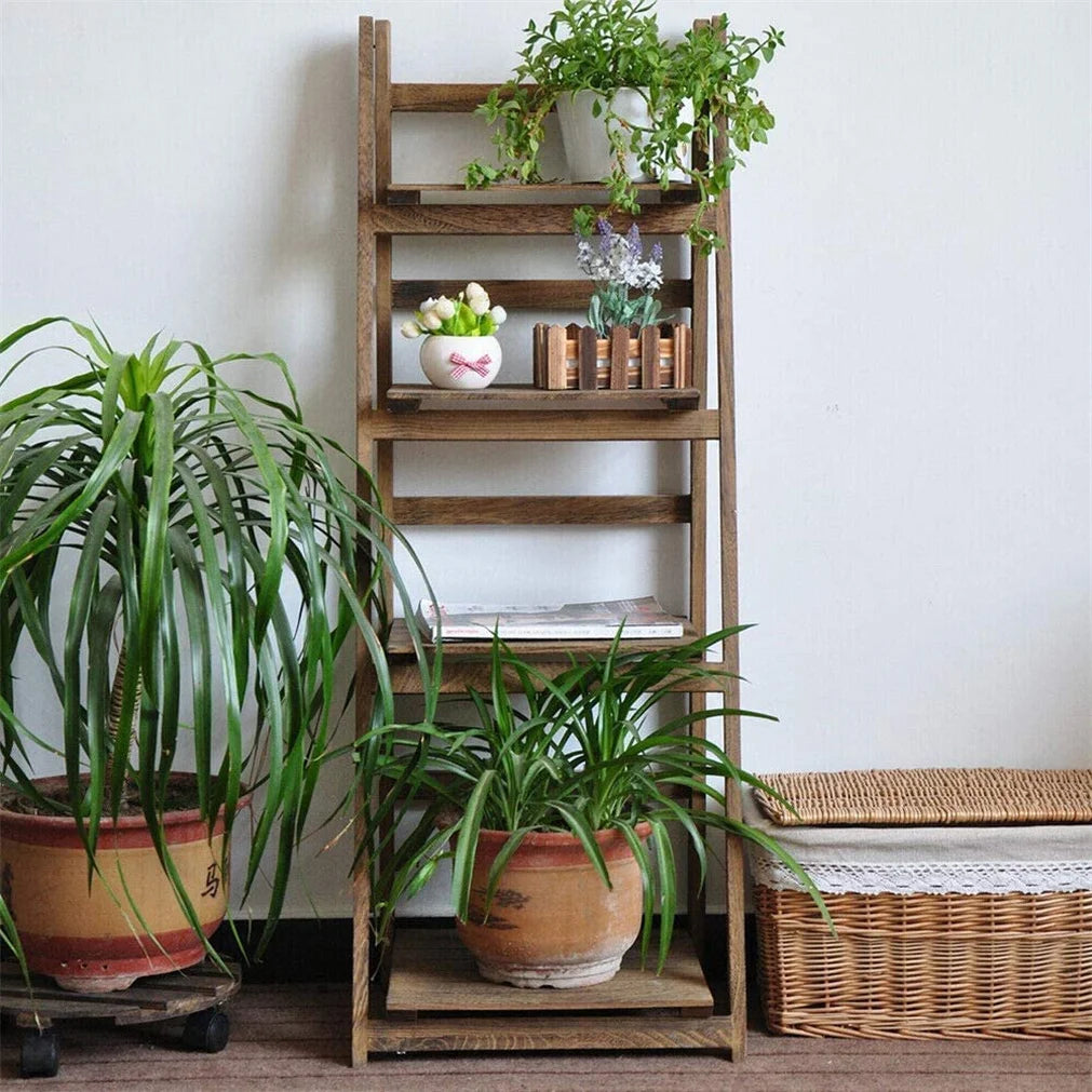 Folding Four Tier Ladder Shelf Wooden Indoor Display Rack