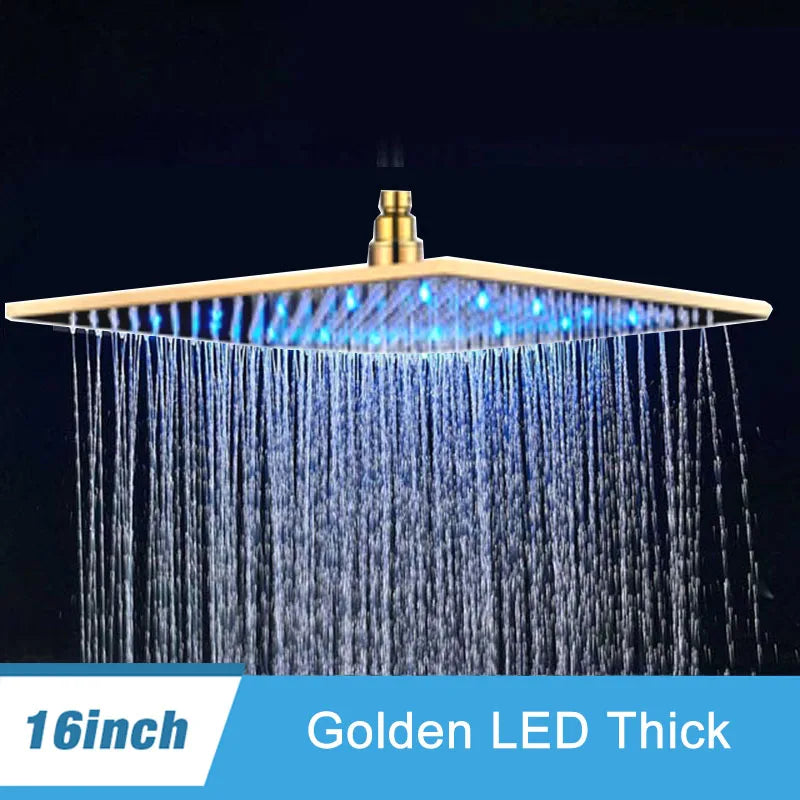 Luxury Brushed Nickel/Chrome/Black LED 16inch Rainfall Shower Head Stainless Steel Square Color Changing Lights Showerhead