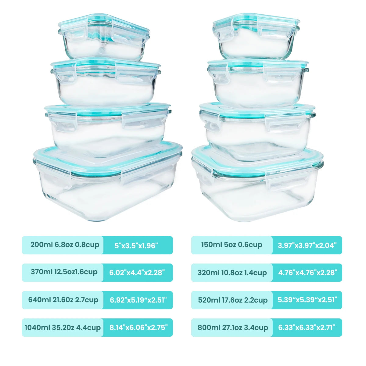 Glass Food Storage Containers Set 8 Pieces Leakproof Airtight Microwave Safe