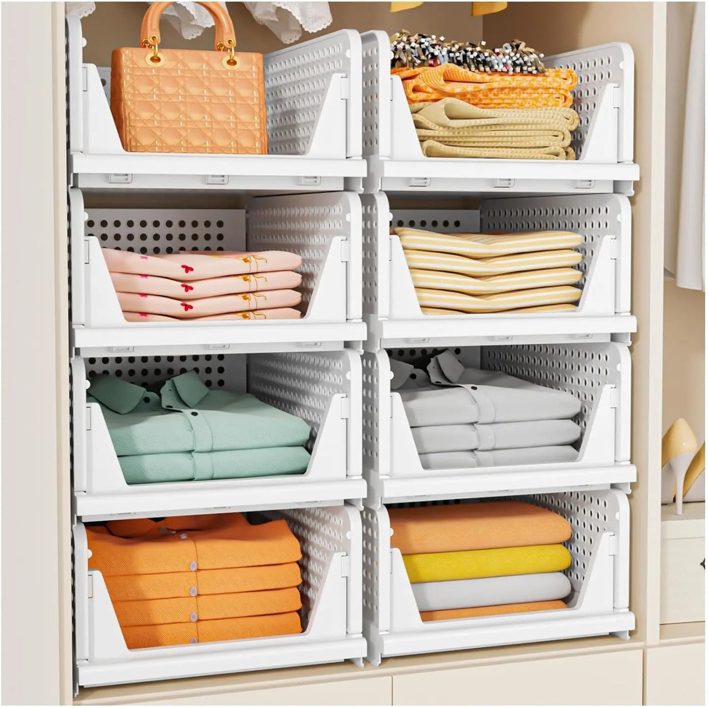 SNSLXH 5 Pack Stackable Closet Storage Basket Multifunctional & Foldable Closet Organizer for Bathroom Kitchen Laundry Room